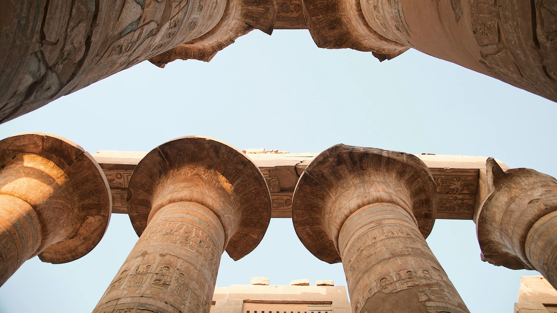Luxor, Egypt - Upward view of ancient columns in karnak temple, luxor, egypt.