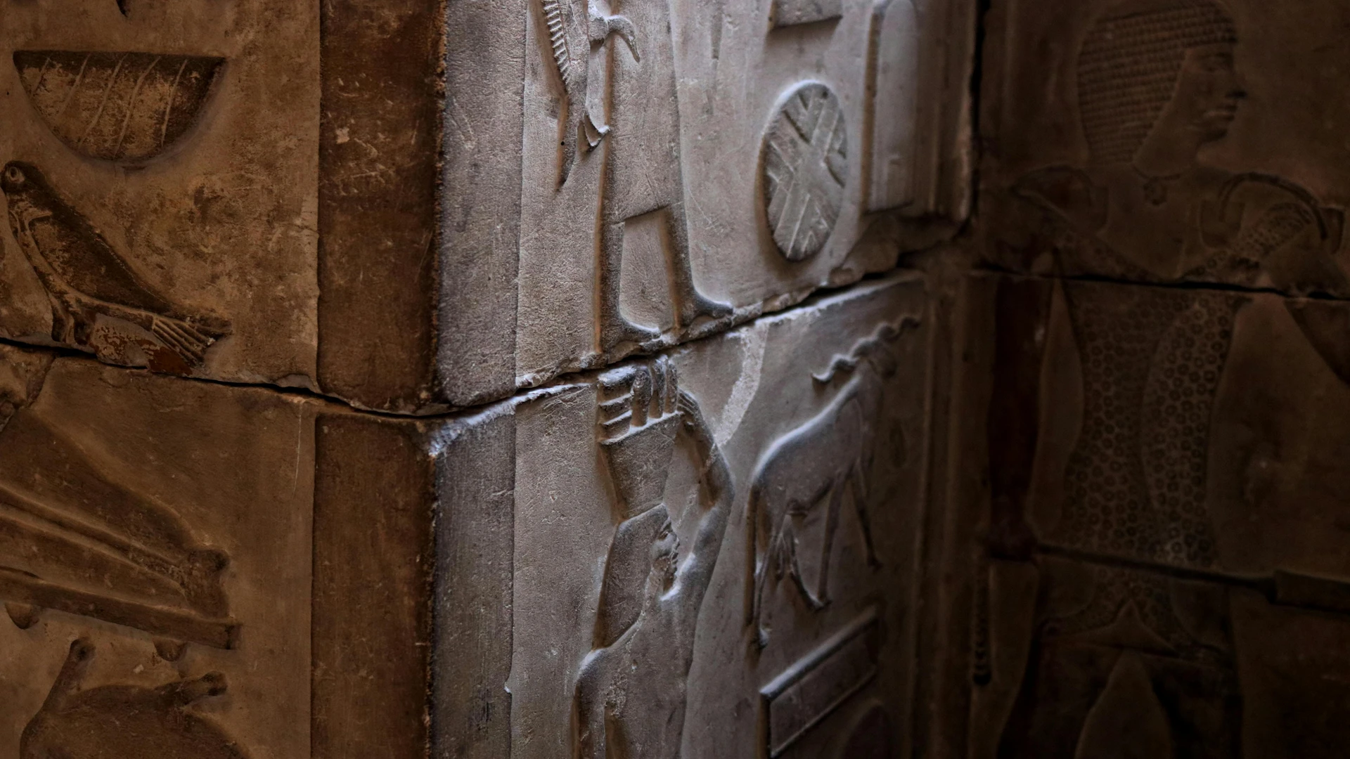 Makadi Bay, Egypt - Close-up of detailed ancient egyptian stone carvings in a cairo museum showcasing cultural art and architecture.