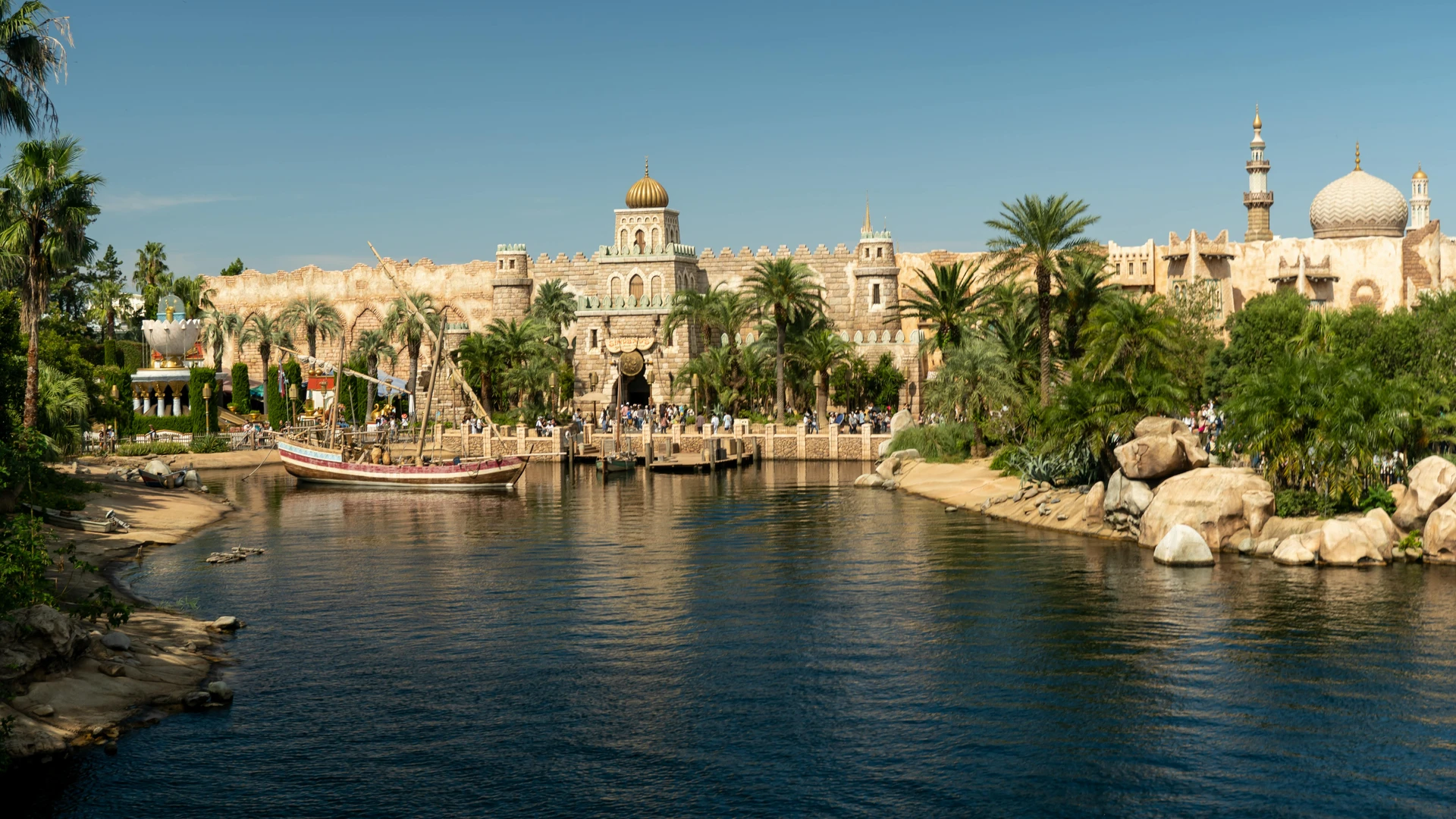Hurghada, Egypt - Captivating view of the mediterranean harbor at tokyo disneysea with boats and lush greenery.