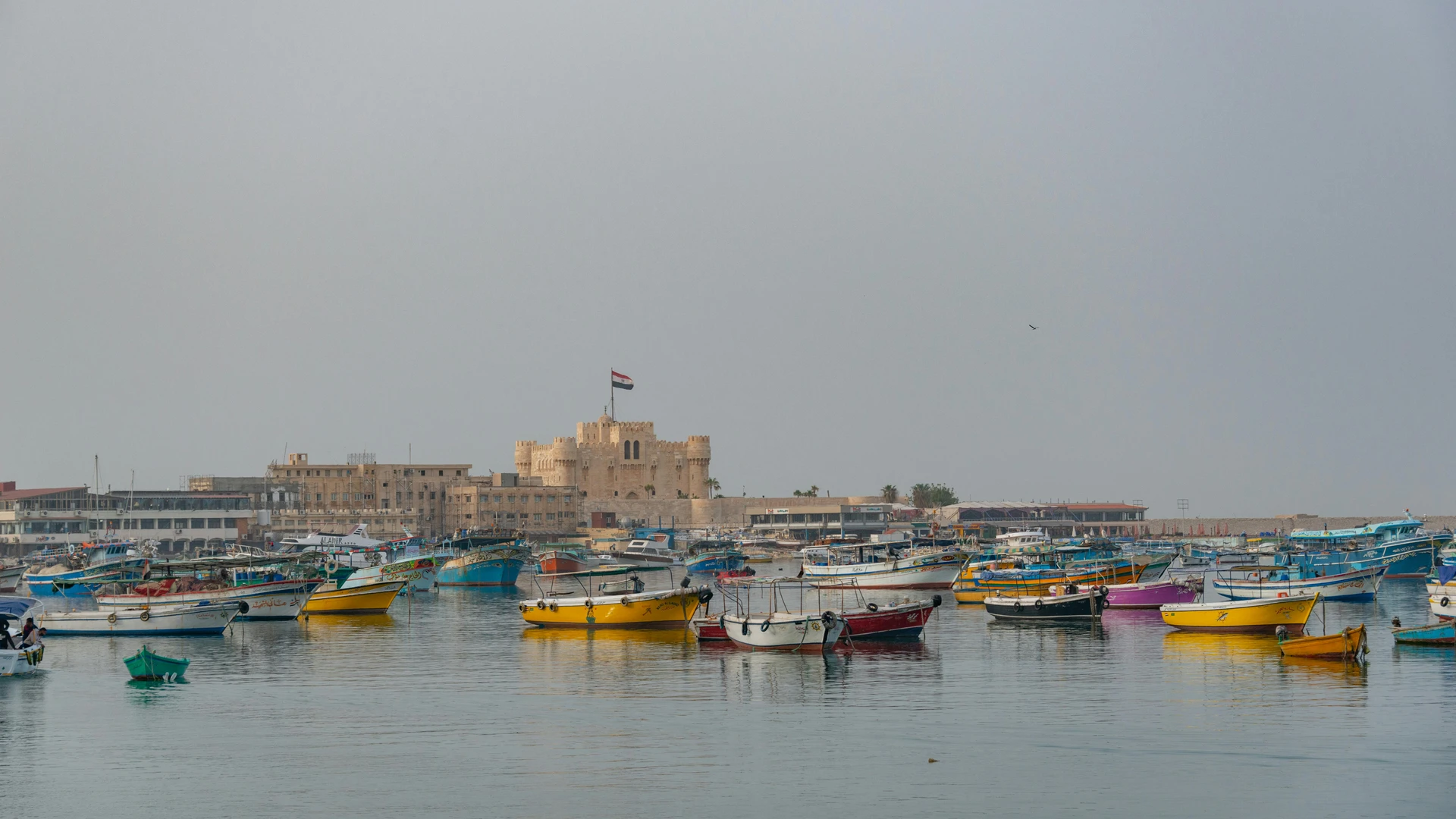 Makadi Bay, Egypt - Colorful boats float in alexandria's harbor with the historic citadel of qaitbay in the background.